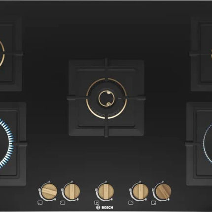 Bosch Built in Gas Hob Black Tempered glass Glass 5 Burner Auto Ignition 90 cm True Brass 2D Ring Burners with Matt Black Heat Shields & Cast Iron pan supports (PNV9B6F20I) 