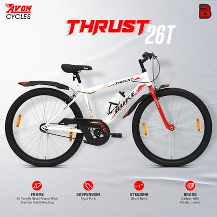 Avon Buke Thrust 26T MTB Bicycles for Adults|Wheel Size:26 inches|Steel Frame:17.5 inches Rigid Fork, Caliper Brake, Steel Rim, Mudguards & Bottle Stand|Short Bend, Matt Gloss Finish(White) 