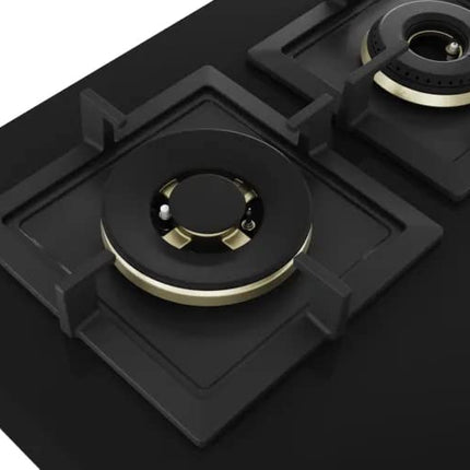 Bosch Built in Gas Hob Black Tempered glass Glass 5 Burner Auto Ignition 90 cm True Brass 2D Ring Burners with Matt Black Heat Shields & Cast Iron pan supports (PNV9B6F20I) 