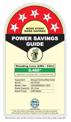 AO Smith Geyser 25 Litre 5 Star BEE Rating | 2KW | Storage Water Heater With 2X Corrosion Resistant Blue Diamond Glass Tank | Warranty: 7 Yr Tank, 3 Yr heating element & 2 Yr Overall | VAS PLUS 25L 