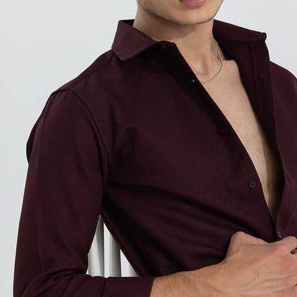 SNITCH crapepoly Maroon Spread Collar Solid Slim Fit Shirt 