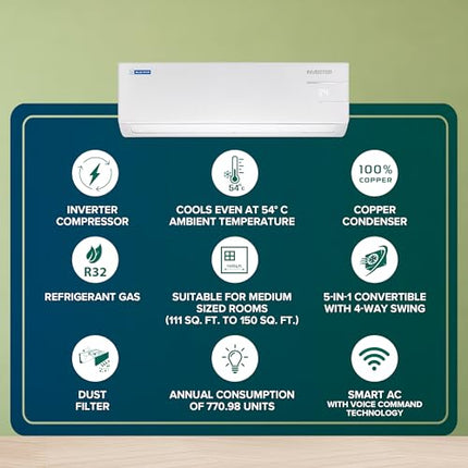 Blue Star 1.5 Ton 5 Star, 60 Months Warranty, WiFi Smart Inverter Split AC (Copper, Convertible 5 in 1 Cooling, Multi Sensors, Self Diagnosis, IC518YNURS, White) 