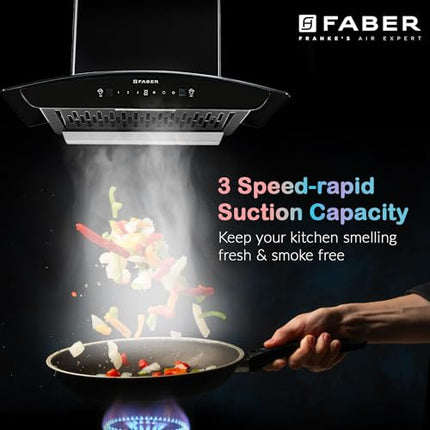 Faber Hood Marcus 60cm 1300 m³/hr Filterless Autoclean Chimney | Touch & Gesture Control | Curved Shaped |12Yr on Motor, 2Yr Comprehensive Warranty by Faber | HOOD MARCUS HC SC BK FL 60, Black 