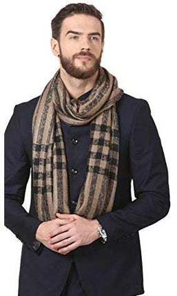 Pashtush Woven Mens Fine Wool Stole, Check-Stipe Design, Mens Muffler, Warm Cashmere Feel (Black)