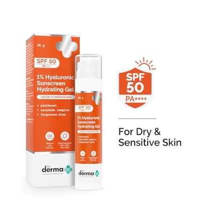 The Derma Co 1% Hyaluronic Sunscreen Hydrating Gel SPF 50 PA++++ | For Dry, Sensitive Skin | Lightweight Texture | No White Cast | UVA/UVB, Broad Spectrum Protection & Blue Light Protection | Non- Comedogenic | Clinically Tested - (In -Vivo) | Tan Protect 