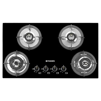 Faber Hob 4 Burner | Auto-Ignition | Spillage Proof | HOB SUPERIA HT764 BR AI | Concealed Chamber | Metal Knobs | Pan Support | Black Glass Finish |5 Yr Warranty on Burner & Glass | 1 Yr comprehensive 