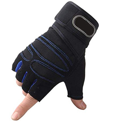 Alexvyan Imported Long Strap Gym and Fitness Sports Protective Half Finger Hand Riding, Cycling, Bike Motorcycle Gloves for Men and Boy (Black and Blue, Universal) 