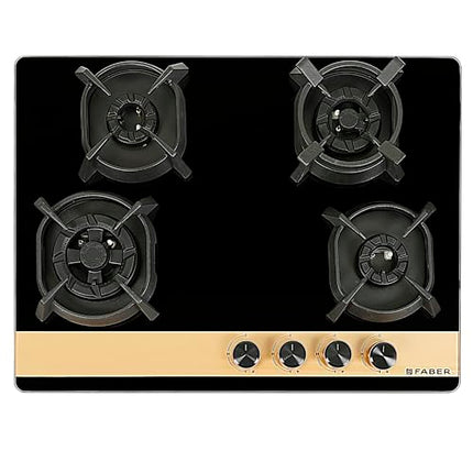 Faber 70cm 4Burner Gas Hob | Flame Failure Device | Cast Iron Pan Support | Metal Knobs | Dual Flame Burner | 8mm Toughened Black Glass | Versatile Hob/Cooktop | Hob Utopia Pro HT 704 BR CI 