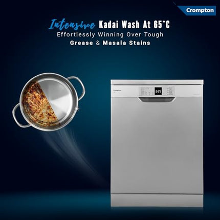 Crompton 14 Place Setting Freestanding Dishwasher with 6 Wash Programs and Super Active Drying System | Energy Saving Dishwasher with Stainless Steel Tub (Voilla 14 PS DW, Silver Inox,FS-DWVOA14PS-DS) 