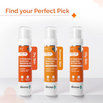 The Derma Co 1% Hyaluronic Sunscreen Oil-Free Gel SPF 50 PA++++ | For Oily, Acne-Prone Skin | Lightweight Texture | No White Cast | UVA/UVB, Broad Spectrum Protection & Blue Light Protection | Non- Comedogenic | Clinically Tested - (In -Vivo) | Tan Protec 
