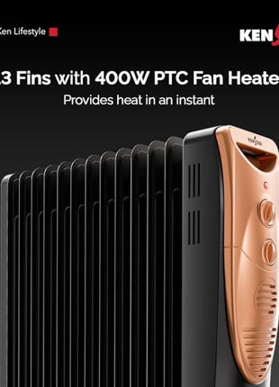 Kenstar Luxora 2900W 13-Fin Oil Filled Room Heater with 400W PTC Fan Heater | 3 Heat Settings | Adjustable Thermostat | Tip-Over Safety | Castor Wheels | 2-Year Warranty (Black & Gold)