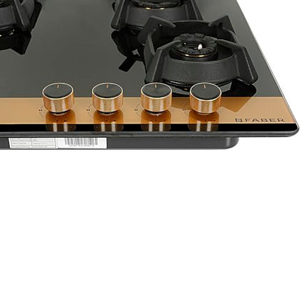 Faber 70cm 4Burner Gas Hob | Flame Failure Device | Cast Iron Pan Support | Metal Knobs | Dual Flame Burner | 8mm Toughened Black Glass | Versatile Hob/Cooktop | Hob Utopia Pro HT 704 BR CI 