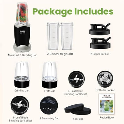 INALSA Blender Mixer Grinder|5 Jar & 600 W Copper Motor| Blenders for Smoothies and Juices| Smoothie Maker Blender|Nutri Blender |3 Blades Including Froth Blade|2Yr Warranty,Jazz 600 