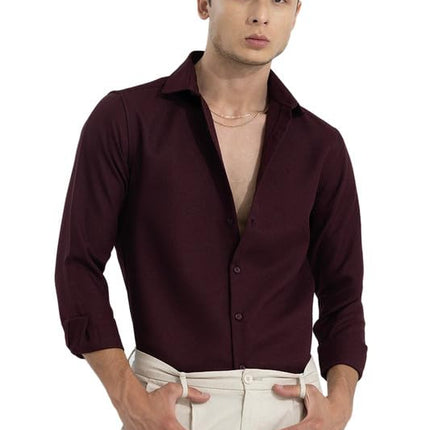 SNITCH crapepoly Maroon Spread Collar Solid Slim Fit Shirt 