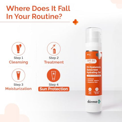 The Derma Co 1% Hyaluronic Sunscreen Hydrating Gel SPF 50 PA++++ | For Dry, Sensitive Skin | Lightweight Texture | No White Cast | UVA/UVB, Broad Spectrum Protection & Blue Light Protection | Non- Comedogenic | Clinically Tested - (In -Vivo) | Tan Protect 