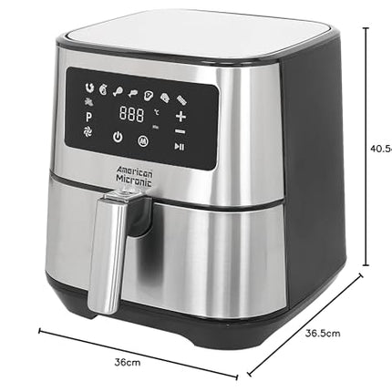 AMERICAN MICRONIC- Air Fryer-Digital- 6.5 Litre, 8 Preset Menus, 1700W Power, 200C Temperature and 60 Minute Timer - AMI-AFD-65LDx-Digital- Free recipe book-Black & Steel 