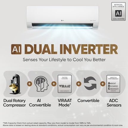 LG 1.5 Ton 3 Star DUAL Inverter Split AC (Copper, AI Convertible 6-in-1, VIRAAT Mode, Diet Mode+, Faster Cooling & Energy Saving, HD Filter with Anti-Virus Protection, US-Q18JNXE, White) 