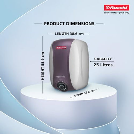 Racold Eterno Pro Storage Water Heater (Geyser) 25L with ABS Body – Corrosion Prevention with Titanium Enameled Coating, 7 Yrs Warranty on Tank, Energy Efficient, Free Standard Installation & Pipes 