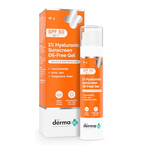 The Derma Co 1% Hyaluronic Sunscreen Oil-Free Gel SPF 50 PA++++ | For Oily, Acne-Prone Skin | Lightweight Texture | No White Cast | UVA/UVB, Broad Spectrum Protection & Blue Light Protection | Non- Comedogenic | Clinically Tested - (In -Vivo) | Tan Protec 