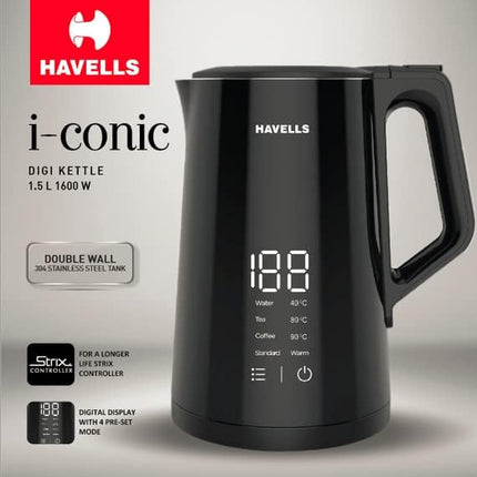 Havells I-Conic 1.5 Litre Digi Kettle with double wall and 304 stainless steel tank (Black), 1600 Watts 