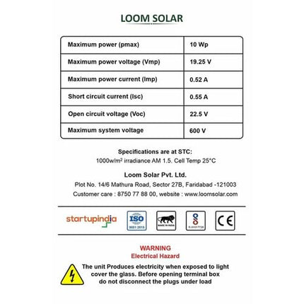 Loom Solar Panel 10 Watt | 12V PV Module for Mobile Charging DIY Projects | Light Weight | Pack of 1 