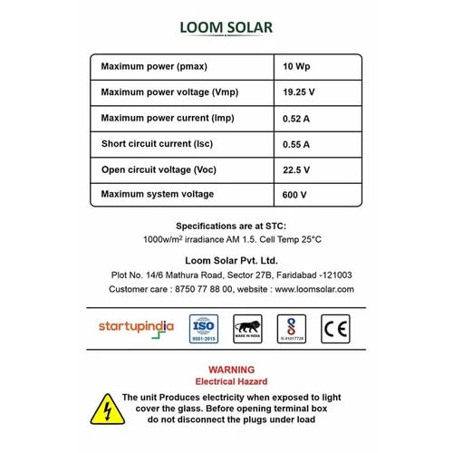 Loom Solar Panel 10 Watt | 12V PV Module for Mobile Charging DIY Projects | Light Weight | Pack of 1 