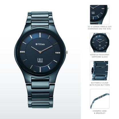 Titan Edge Ceramic Dress Watch Diamonds Quartz Blue Dial Blue Strap For Men