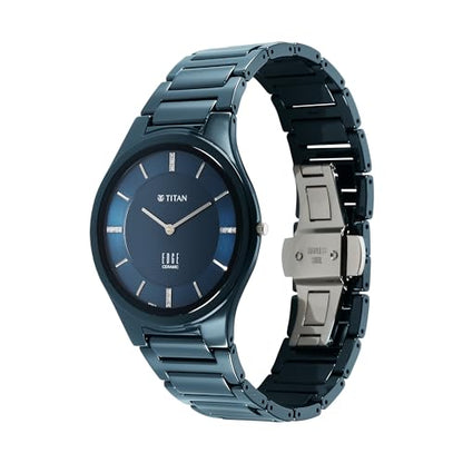Titan Edge Ceramic Dress Watch Diamonds Quartz Blue Dial Blue Strap For Men