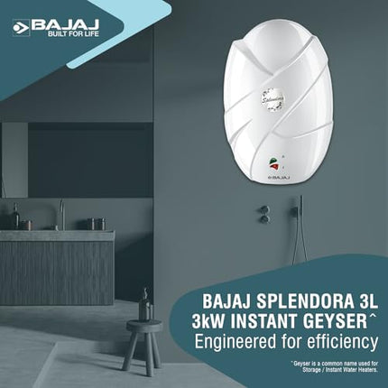 Bajaj Splendora 3L 3KW Vertical Instant Water Heater for Home | Geyser for Bathroom & Kitchen | High Grade SS Tank | Copper Heating Element | 5 Years Tank Warranty by Bajaj【White】 