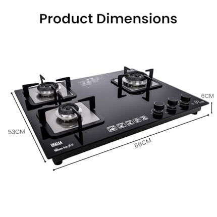 INASLA Premium 3 Burner ≈70cm Gas Stove|5Yr Warranty on Glass & 2Yr on Burner|8MM Toughened Glass|Auto Ignition|Jumbo Brass Burner|LPG Ready &PNG Compatible|360° Gas Nozzle|Milano Arte3B 