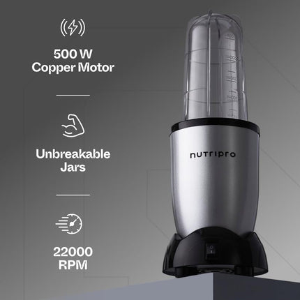 NutriPro Juicer Mixer Grinder - Smoothie Maker - 500 Watts (3 Jars & 2 Blades, Silver) - 2 Year Warranty 