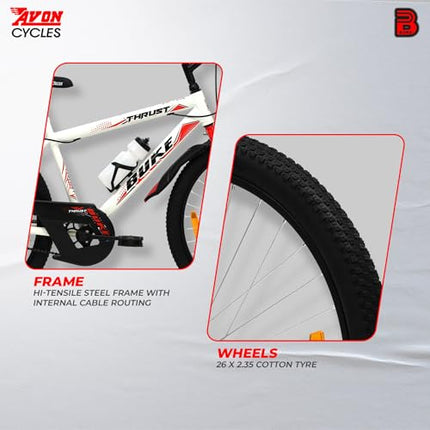 Avon Buke Thrust 26T MTB Bicycles for Adults|Wheel Size:26 inches|Steel Frame:17.5 inches Rigid Fork, Caliper Brake, Steel Rim, Mudguards & Bottle Stand|Short Bend, Matt Gloss Finish(White) 