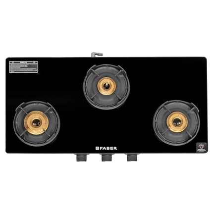 Faber 3 Burner Auto-Ignition Cooktop| ONYX AI 3BB BK |Black ABS Knobs|' Brass Burners| Cast Iron Pan Support| Black Glass Finish |7 Yrs Warranty Glass & 5 Yrs on Burner & Valve | 2 Yrs Comprehensive 
