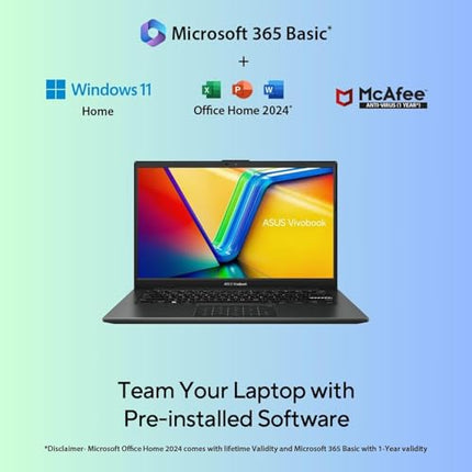 ASUS Vivobook Go 14, AMD Ryzen 5 7520U, 16GB RAM, 512GB SSD, FHD 14", Windows 11, Office Home 2024, M365 Basic (1Year)*, Black, 1.38kg, E1404FA-EB2542WS, AMD Radeon iGPU, 42WHrs, Thin & Light Laptop 