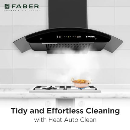 Faber 90cm 1400 m³/hr Autoclean Kitchen Chimney|Broad Body|Curved Glass|Filterless |Touch & Gesture Control|Black Finish|12Yr Warranty on Motor 2Yr Comprehensive by Faber|HOOD TITANIUM IN HC SC FL 90 