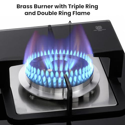 INASLA Premium 3 Burner ≈70cm Gas Stove|5Yr Warranty on Glass & 2Yr on Burner|8MM Toughened Glass|Auto Ignition|Jumbo Brass Burner|LPG Ready &PNG Compatible|360° Gas Nozzle|Milano Arte3B 