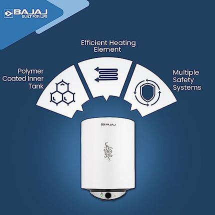 Bajaj Edrea 15 Litre Storage 5-Star Rated Storage vertical Wall Water Heater for home | Polymer Coated Tank | Multiple Safety* | Suitable for High Rise | Child Safety Mode | 5-Yr* Warranty 【White】 