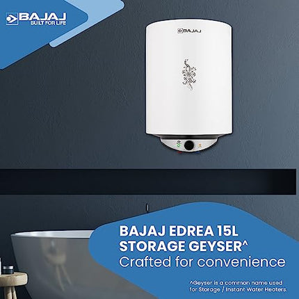 Bajaj Edrea 15 Litre Storage 5-Star Rated Storage vertical Wall Water Heater for home | Polymer Coated Tank | Multiple Safety* | Suitable for High Rise | Child Safety Mode | 5-Yr* Warranty 【White】 