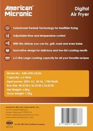 AMERICAN MICRONIC- Air Fryer-Digital- 6.5 Litre, 8 Preset Menus, 1700W Power, 200C Temperature and 60 Minute Timer - AMI-AFD-65LDx-Digital- Free recipe book-Black & Steel 