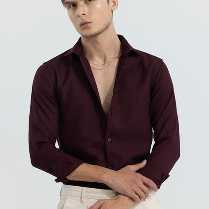SNITCH crapepoly Maroon Spread Collar Solid Slim Fit Shirt 
