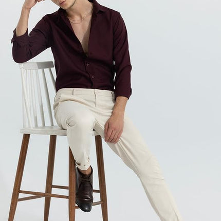 SNITCH crapepoly Maroon Spread Collar Solid Slim Fit Shirt 
