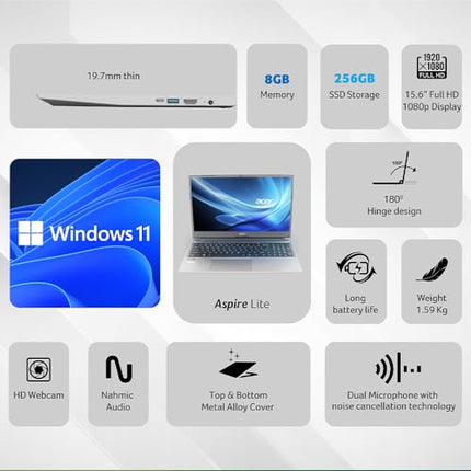 Acer Aspire Lite, AMD Ryzen 3-5300U, 8 GB RAM, 512 GB SSD, Full HD 15.6"/39.62 cm, Windows 11 Home, Steel Gray, 1.59 KG, AL15-41, Premium Laptop 