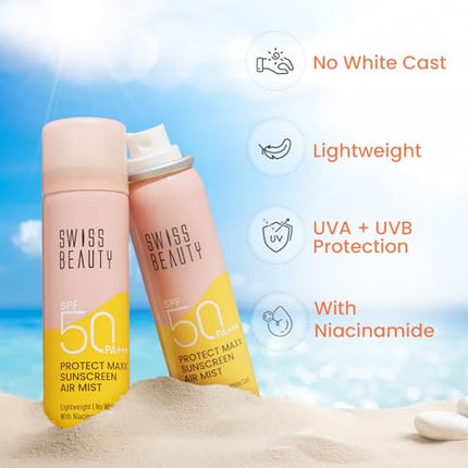 Swiss Beauty Protect Maxx Sunscreen Air Mist | SPF 50 PA+++ | With Niacinamide | UVA+UVB Protection | Even Over Makeup | For Face & Body | 80ml 