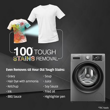 Whirlpool 8 Kg 5 Star Inverter Front Load Fully Automatic Washing Machine with In-Built Heater (XS8014BYM52E, MidNight Grey, Steam Technology, 100+ Tough Stains, 6th Sense Soft Move, 2024 Model) 