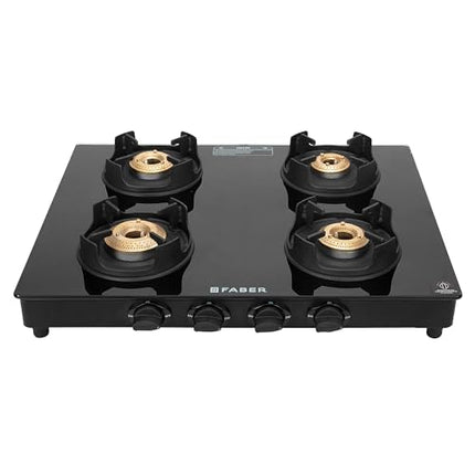 Faber 4 Burner Auto-Ignition Cooktop| ONYX AI 4BB BK |Black ABS Knobs| Brass Burners| Cast Iron Pan Support| Black Glass Finish |7 Yrs Warranty Glass & 5 Yrs on Burner & Valve | 2 Yrs Comprehensive 