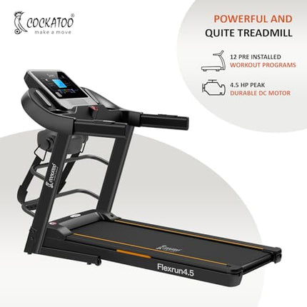 Cockatoo Flex Run4.5M 4.5HP Peak DC Motorized Treadmill for Home, with Massager & 3 Level Manual Incline, Max Speed 16 Km/Hr, Max User Weight 120Kg, with Bluetooth & Speaker(DIY) 