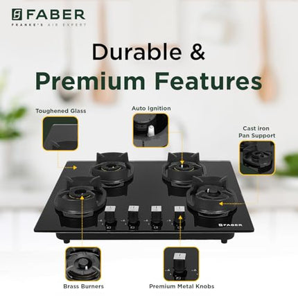 Faber 4 Burner 90cm Eros Hob |Auto-Ignition|Metal Knobs| Cast Iron Pan Support |Hob/Cooktop Hybrid| Black Glass Finish |5 Yrs Warranty on Glass & Valve,2 Yrs on Burner by Faber|Hob Eros IND 904 CI AI 