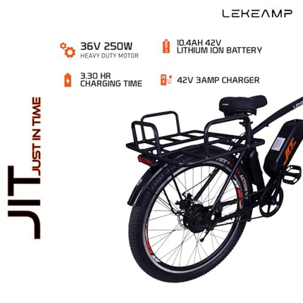 Lekeamp JIT Electric Bike | 26" Tyres | 25 km/h Top Speed | 5-Level Pedal Assist | Disc Brakes | 10.4Ah NMC Detachable Battery | 250W Motor | Spring Front Suspension | Black Box Carrier 