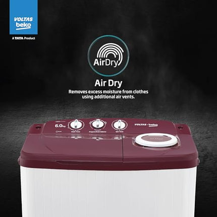 Voltas beko, A Tata Product 6 kg 5 Star Semi-Automatic Top Load Washing Machine With Air Dry (2024 Model, WTT60UNX/OK3R0R0W01, Burgundy, Special Pulsator Technology) 