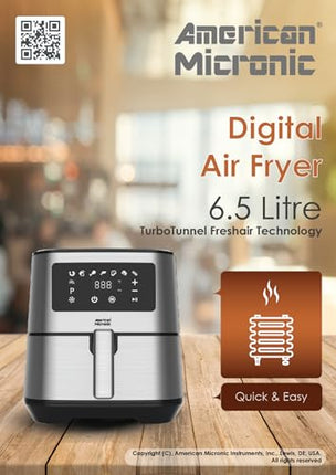 AMERICAN MICRONIC- Air Fryer-Digital- 6.5 Litre, 8 Preset Menus, 1700W Power, 200C Temperature and 60 Minute Timer - AMI-AFD-65LDx-Digital- Free recipe book-Black & Steel 